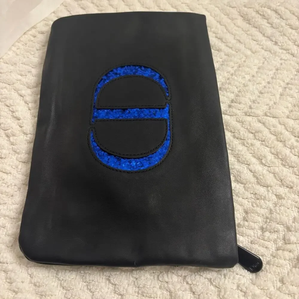CHRISTIAN DIOR BLUE GLITTER BLACK ZIP MAKEUP COSMETIC POUCH CLUTCH BAG SM